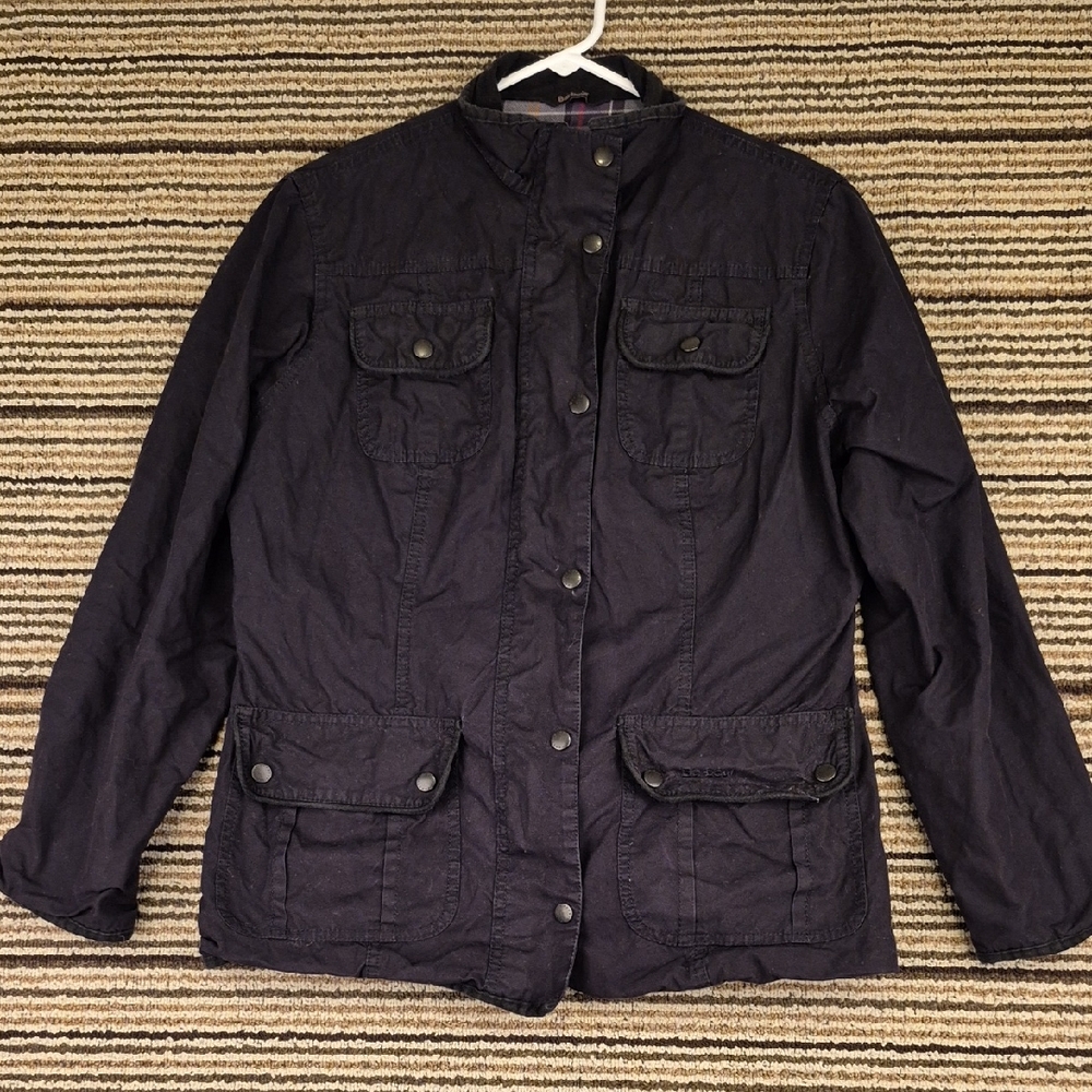 BARBOUR Utility Solid Black‎ Wax Cotton Plaid INT Sz 10 US Womens Jacket Coat